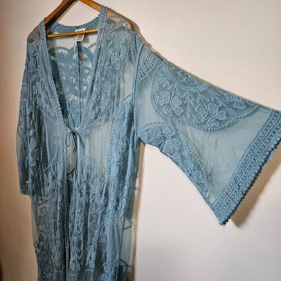 EUC FORGOTTEN GRACE LIGHT BLUE LACE/EMBROIDERED LONG DUSTER KIMONO JACKET S/M - Picture 5 of 12